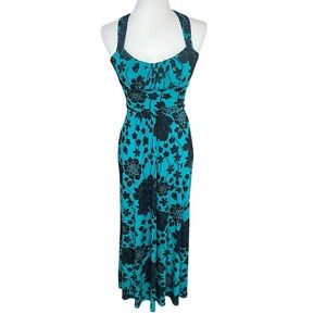 Vintage Y2K B Darlin teal and black floral strappy back maxi dress Size 3/4